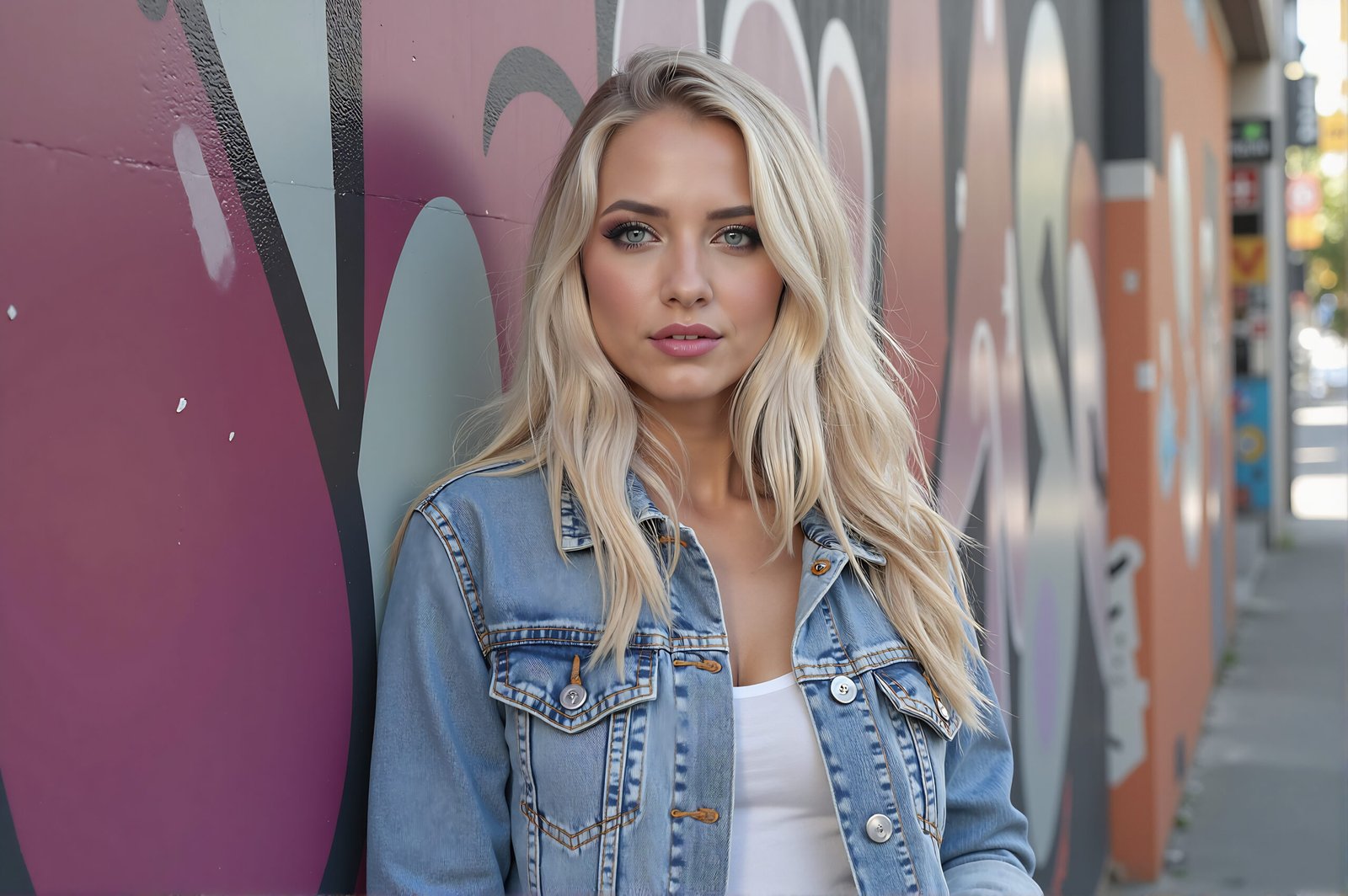 Blonde woman wearing a denim jacket, leaning against a graffiti wall with a casual pose