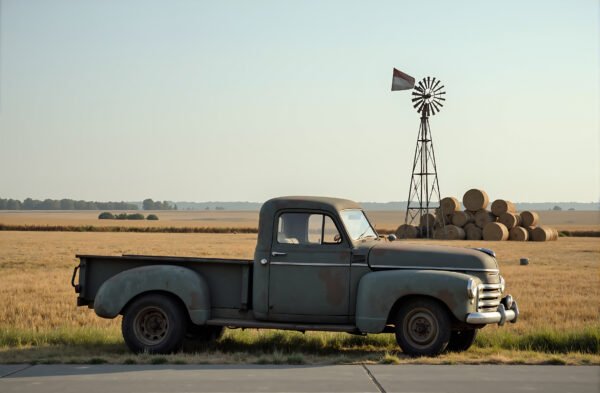 Old pickup truck parked beside a rural road, hay bales stacked in a nearby field, windmill in the background