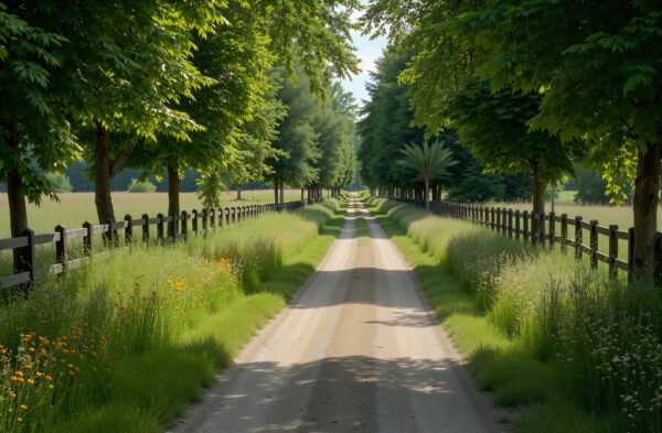 Quiet country lane surrounded by wildflowers and wooden fences, slightly curved path