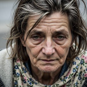 Close-up portrait of an elderly homeless woman with weathered features—free image for social-issue or portrait visuals.