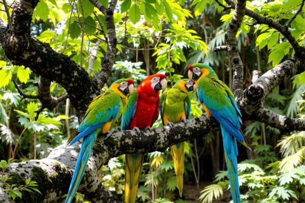 Colorful tropical parrots perched on a leafy tree branch in jungle setting