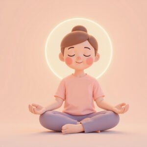 Minimalist 3D cartoon woman sitting cross-legged in meditation with soft glowing aura around representing calmness and focus