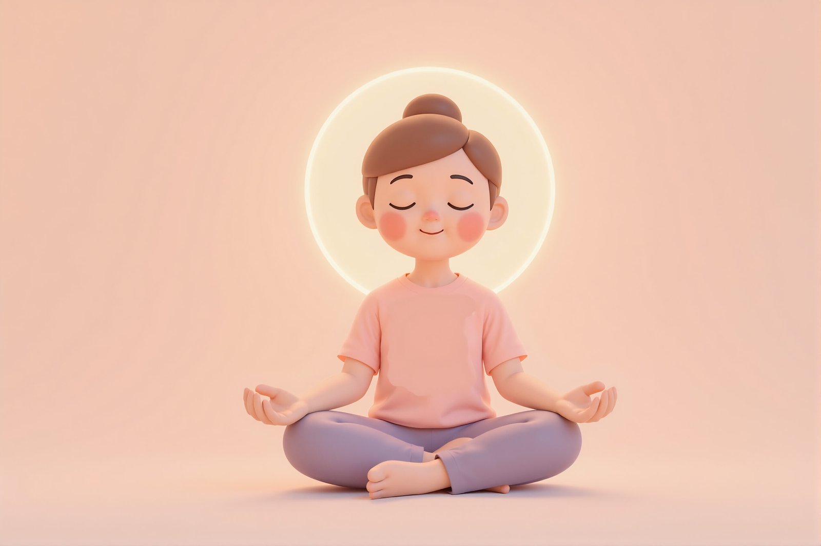 Minimalist 3D cartoon woman sitting cross-legged in meditation with soft glowing aura around representing calmness and focus