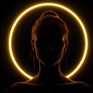 Elegant female silhouette facing forward with neon light rings circling her head like a halo, cyberpunk style