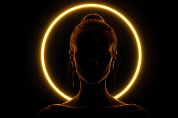 Elegant female silhouette facing forward with neon light rings circling her head like a halo, cyberpunk style