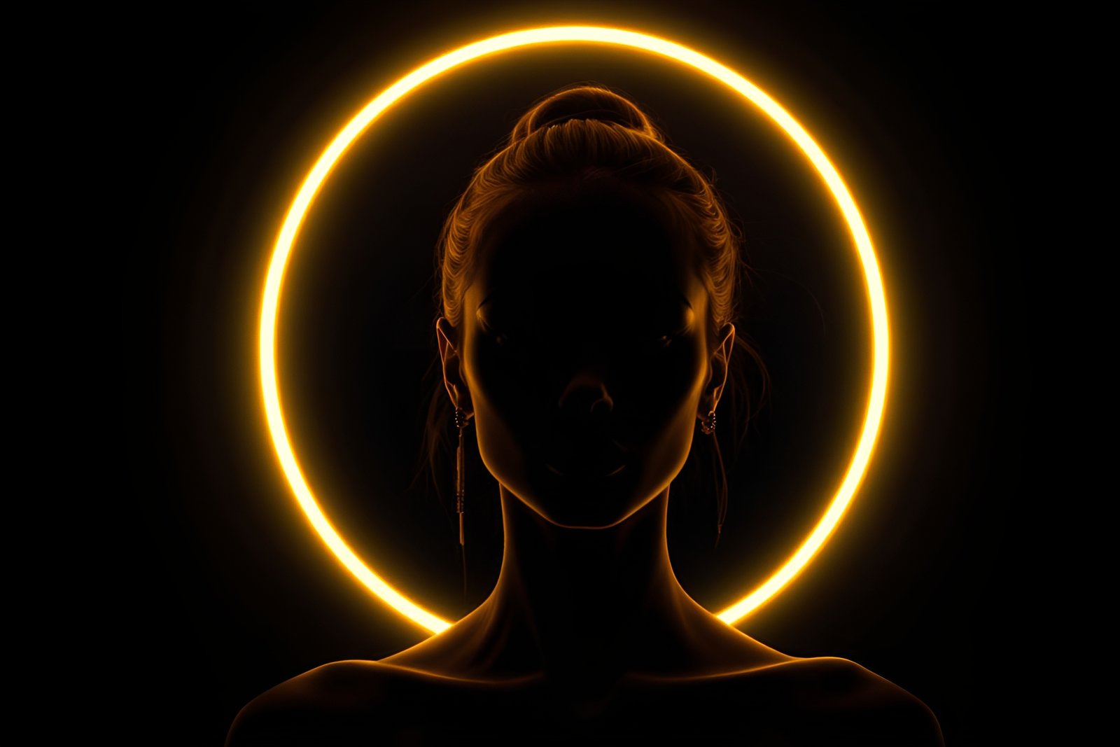 Elegant female silhouette facing forward with neon light rings circling her head like a halo, cyberpunk style