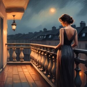 Elegant woman standing on a balcony at twilight, oil brush texture, romantic and moody atmosphere