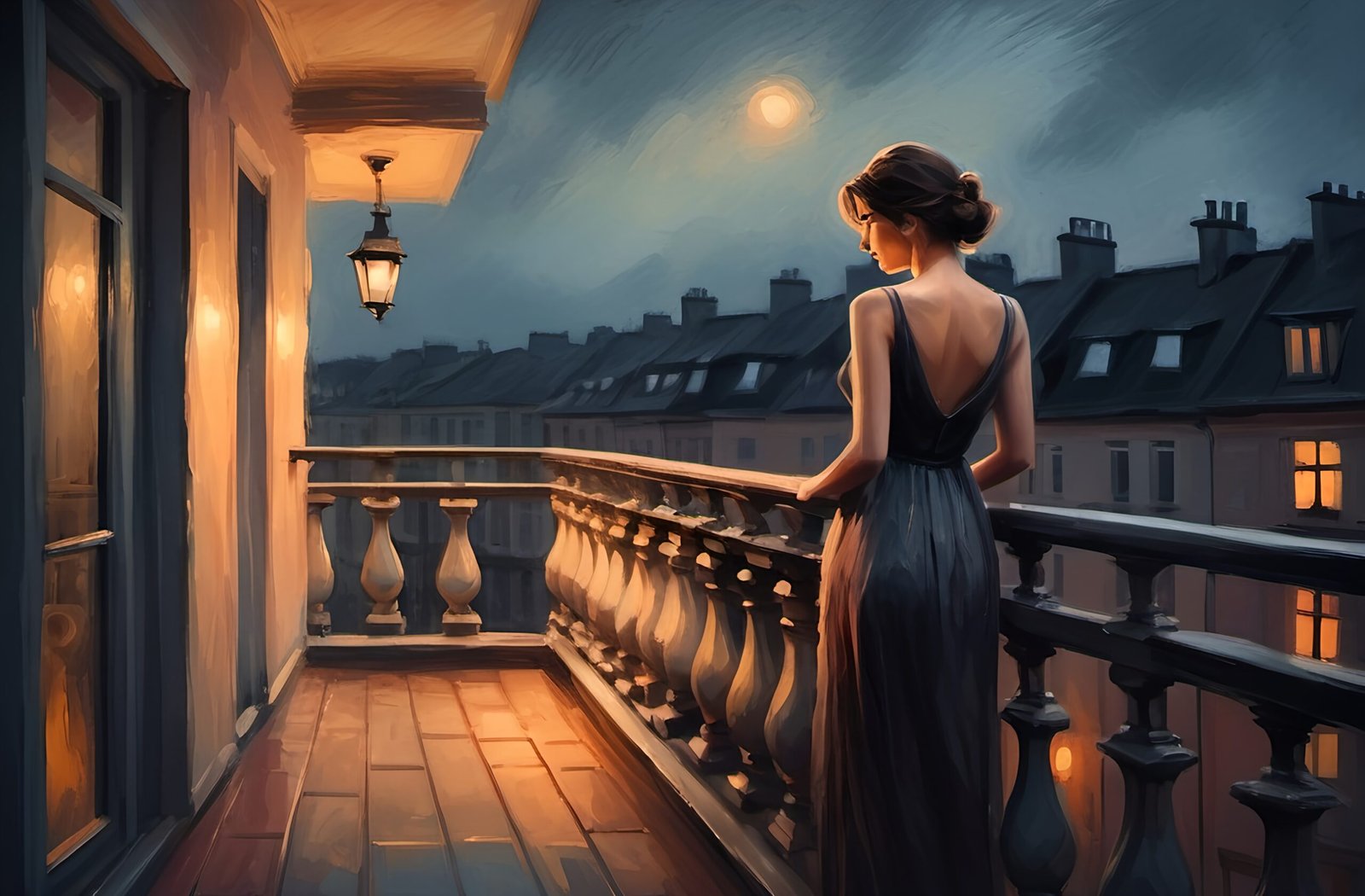 Elegant woman standing on a balcony at twilight, oil brush texture, romantic and moody atmosphere
