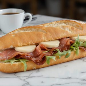 Classic French baguette sandwich with cured meats and brie cheese placed on a marble counter with a coffee cup