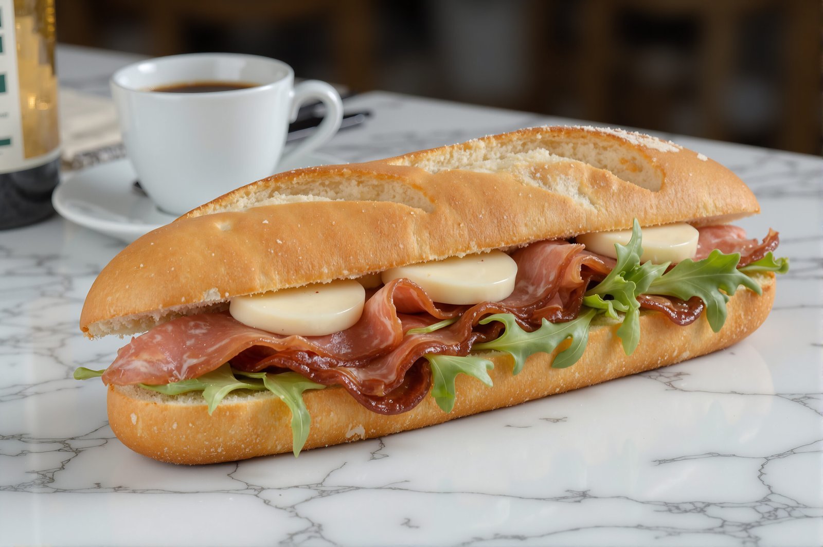 Classic French baguette sandwich with cured meats and brie cheese placed on a marble counter with a coffee cup