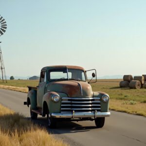 Old pickup truck parked on a country road, hay bales stacked in a nearby field, windmill in the background