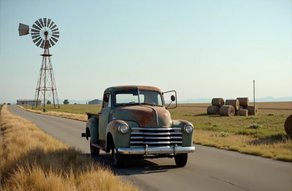 Old pickup truck parked on a country road, hay bales stacked in a nearby field, windmill in the background