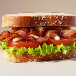 Photorealistic image of a BLT sandwich with crispy bacon, ripe tomato slices served on toasted sourdough