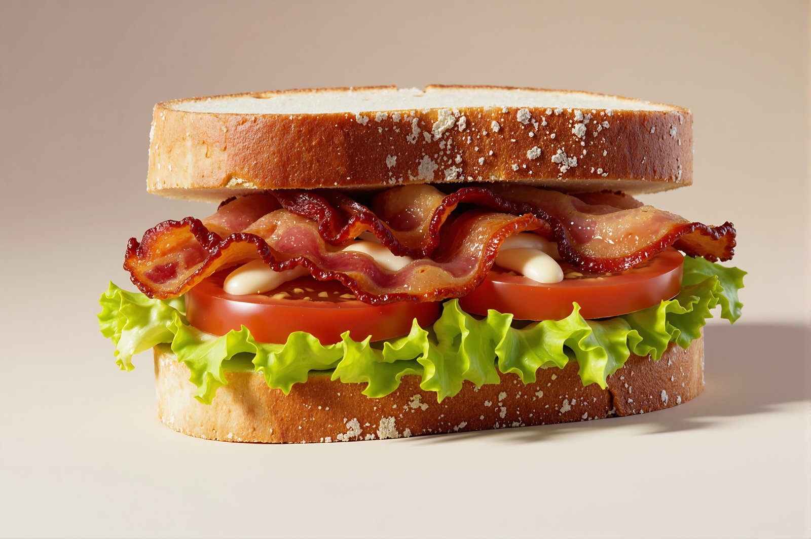 Photorealistic image of a BLT sandwich with crispy bacon, ripe tomato slices served on toasted sourdough