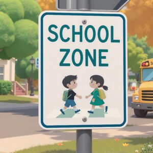 A stylized school zone sign in 3D cartoon style, with a yellow bus nearby in a sunny suburban setting