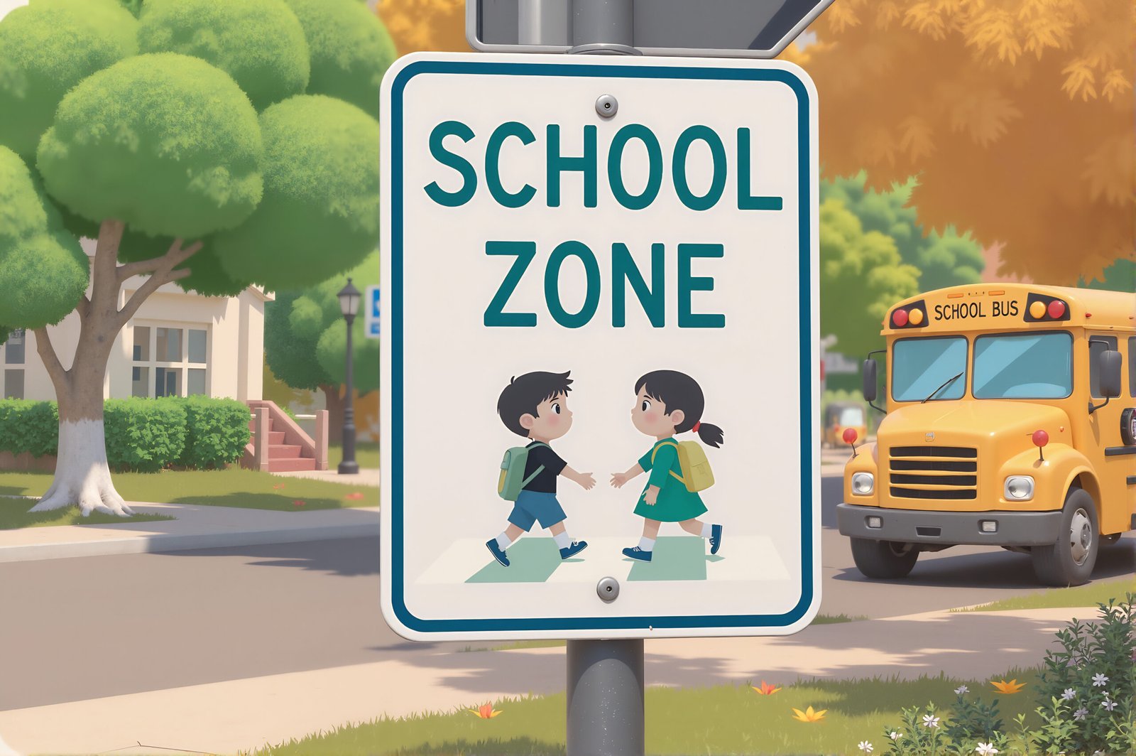 A stylized school zone sign in 3D cartoon style, with a yellow bus nearby in a sunny suburban setting