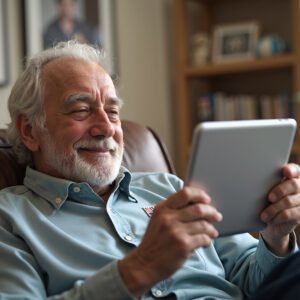 Senior man talking with family on a tablet, happy expression, sitting in a recliner, framed family photos behind him