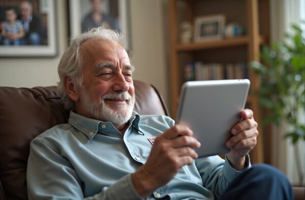 Senior man talking with family on a tablet, happy expression, sitting in a recliner, framed family photos behind him