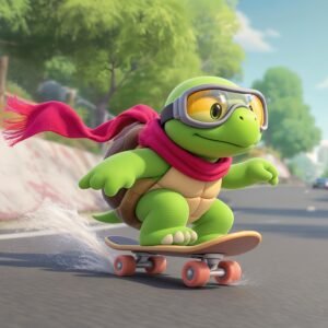 3D turtle riding a skateboard down a street—free illustration for children’s, character design or playful visuals.