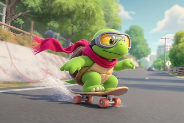 Funny 3D turtle skateboarding down the street with goggles and a scarf flapping behind