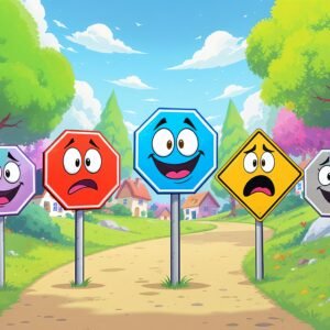 Funny cartoon road signs with exaggerated shapes and face expressions in different colors