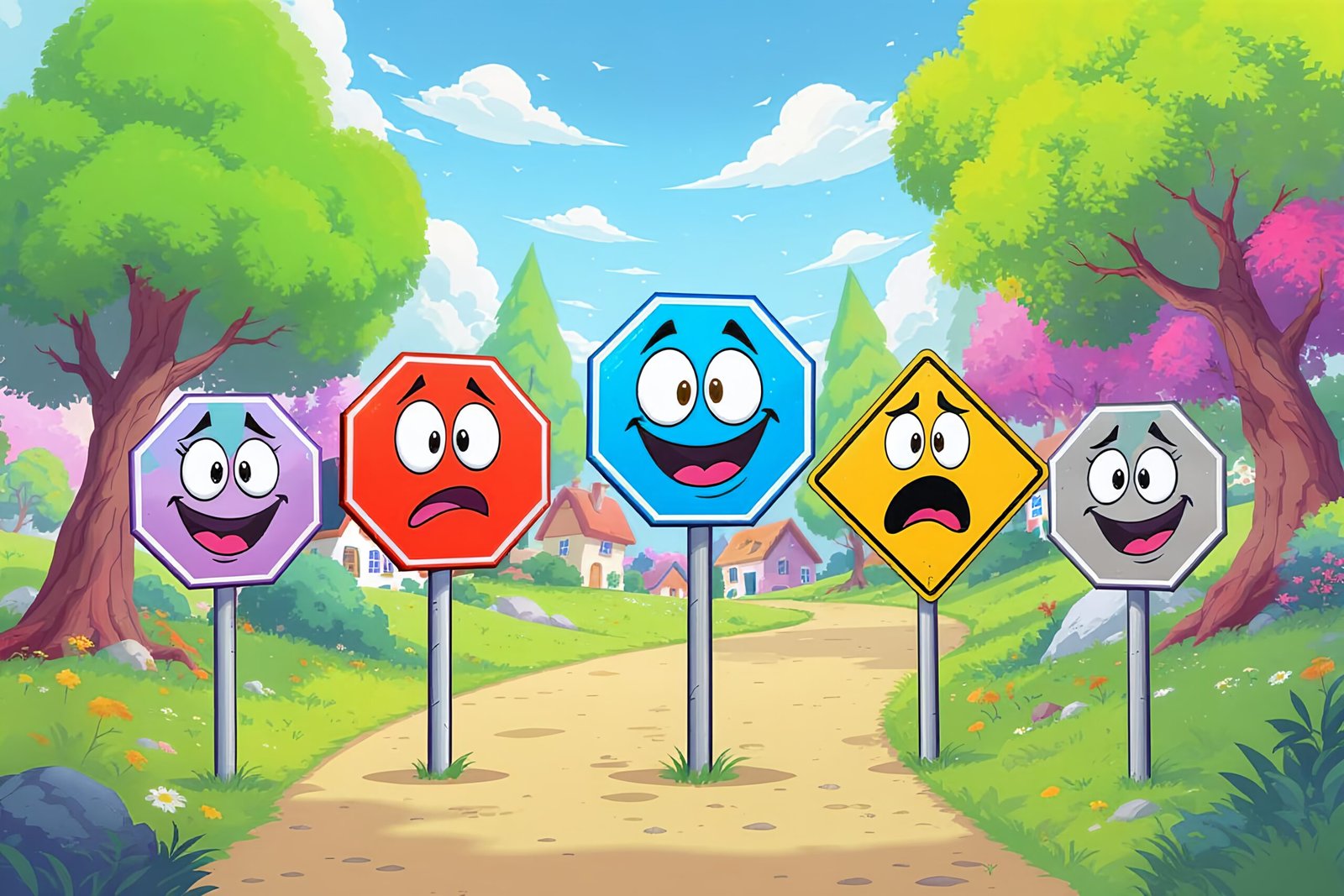 Funny cartoon road signs with exaggerated shapes and face expressions in different colors