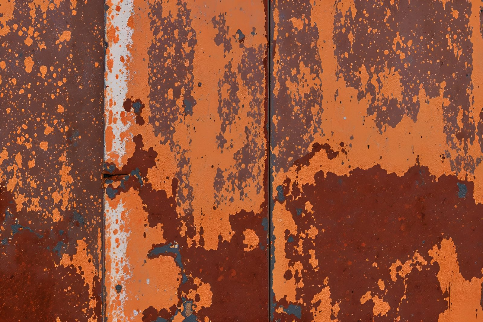 Grungy rusted metal wall showing heavy corrosion, peeling paint and texture—industrial background photo