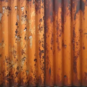 Grungy rusted metal wall showing heavy corrosion, flaking paint and texture—industrial background image