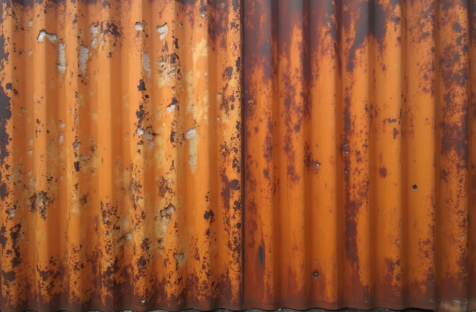Grungy rusted metal wall showing heavy corrosion, flaking paint and texture—industrial background image