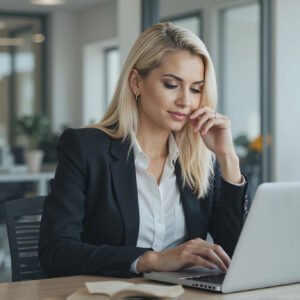 Professional blonde woman in a blazer working on a laptop in a modern office