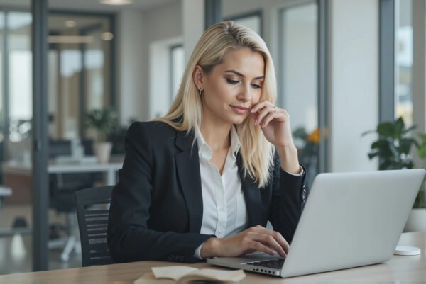 Professional blonde woman in a blazer working on a laptop in a modern office