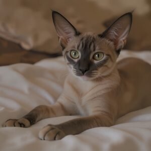 Oriental Shorthair cat stretching on a blanket, large ears and angular face