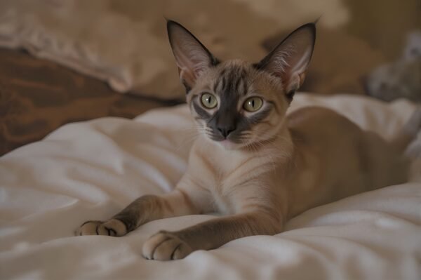 Oriental Shorthair cat stretching on a blanket, large ears and angular face