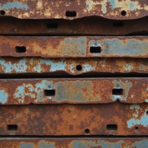 Old rusted metal sheets stacked together with peeling paint and oxidized holes