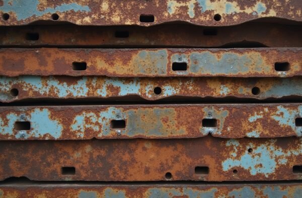Old rusted metal sheets stacked together with peeling paint and oxidized holes