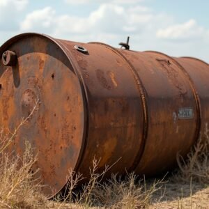 Old rusted oil drum barrel on dry field—free image for industrial decay, environmental or waste-management visuals.
