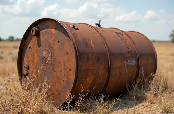 old rusted oil drum barrel lying on its side in dry field