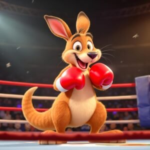 3D cartoon kangaroo wearing boxing gloves and standing ready—free illustration for kids, games or playful animal visuals.