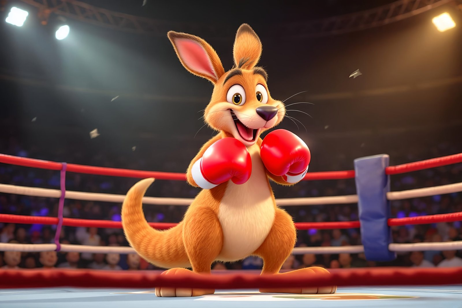 3D cartoon kangaroo wearing boxing gloves and standing ready—free illustration for kids, games or playful animal visuals.