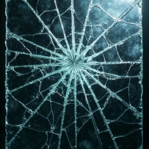 Photorealistic broken glass panel with large and small shards still attached