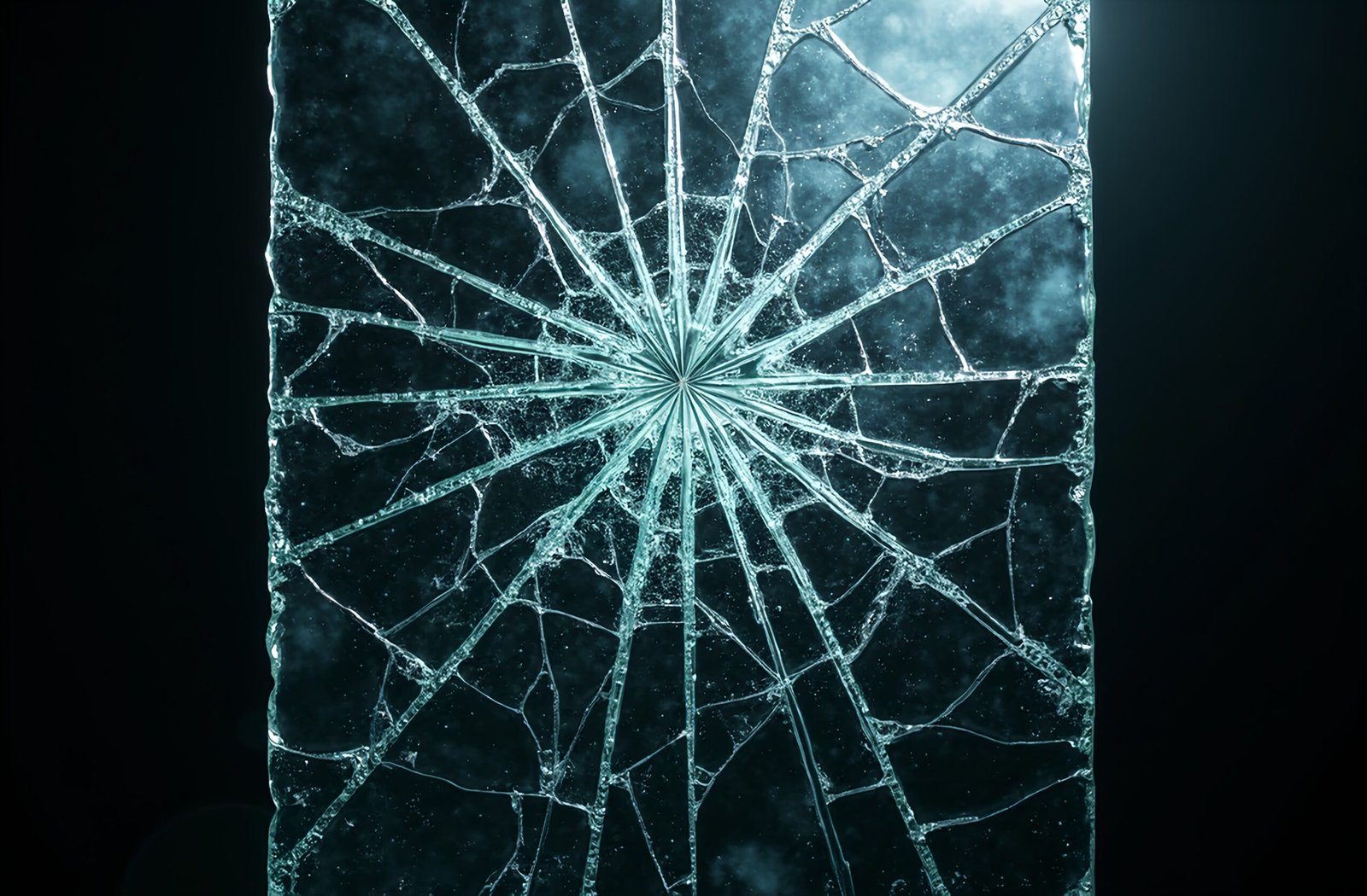 Photorealistic broken glass panel with large and small shards still attached