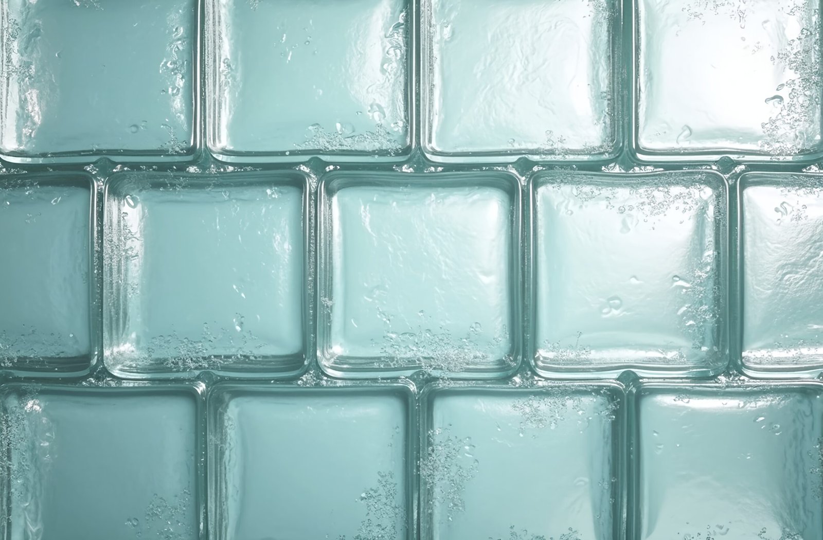 Photorealistic wall of clear glass bricks forming stacked blocks—modern architecture texture photo