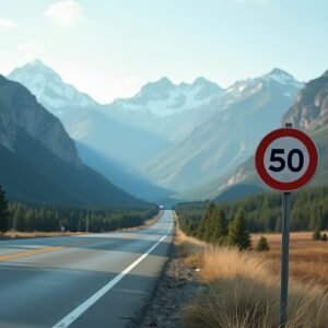Photorealistic image of a speed limit 50 road sign on a roadside