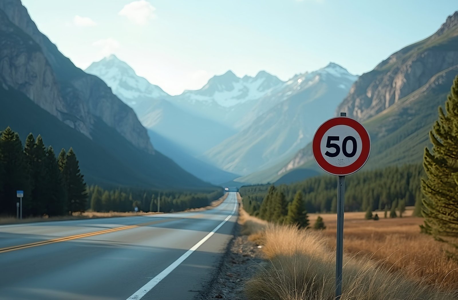 Photorealistic image of a speed limit 50 road sign on a roadside