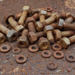 Photorealistic image of rusty bolts, nuts, and washers scattered on a dusty metal surface