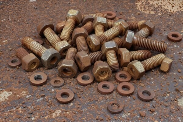 Photorealistic image of rusty bolts, nuts, and washers scattered on a dusty metal surface