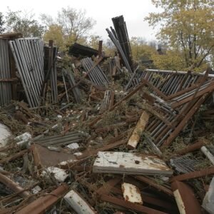 Photorealistic junkyard scene with broken rusted fences and crushed metal objects