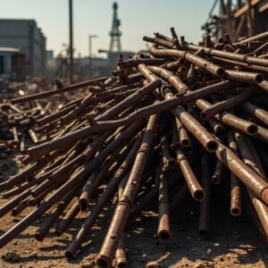 Heap of twisted rusted metal rods and beams in a junkyard—free image for recycling, industrial or waste-management visuals.