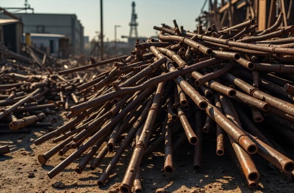 Pile of twisted, rusted metal rods and beams in a junkyard, gritty industrial background