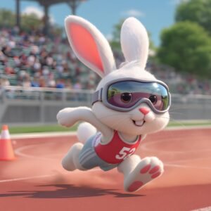3D cartoon rabbit racing on a colorful track with rainbow motion trail